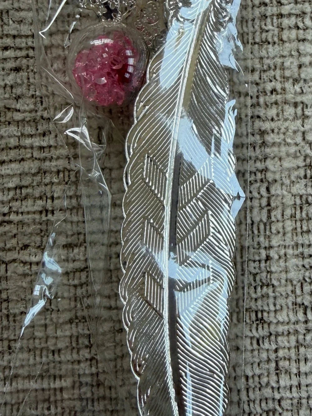 Silver Feather Bookmark with Pink Crystal Accent - Cute